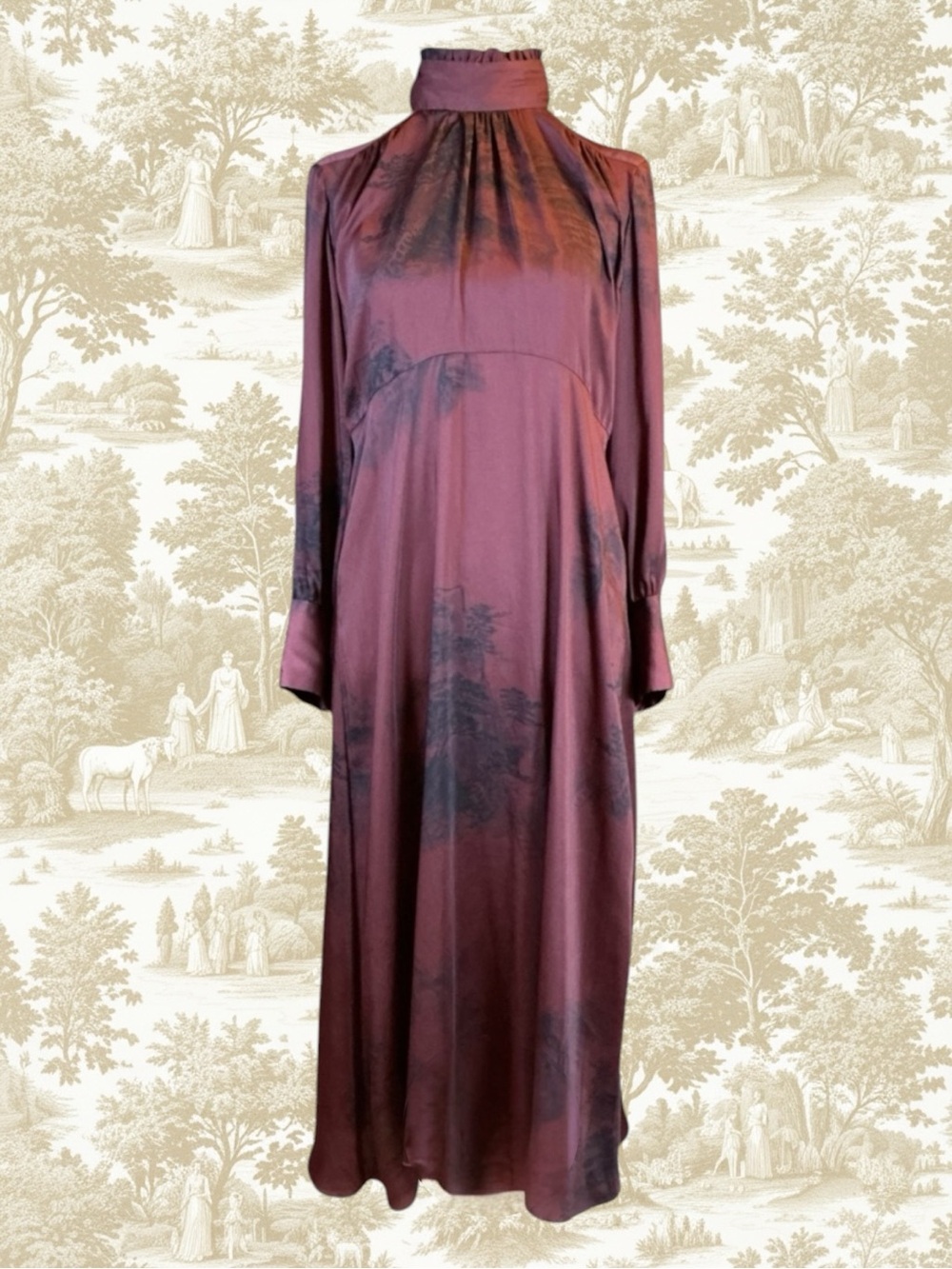 Zara Whimsigoth Boho Cottagecore Toile de Jouy Asian Landscape Mock Neck Dress L